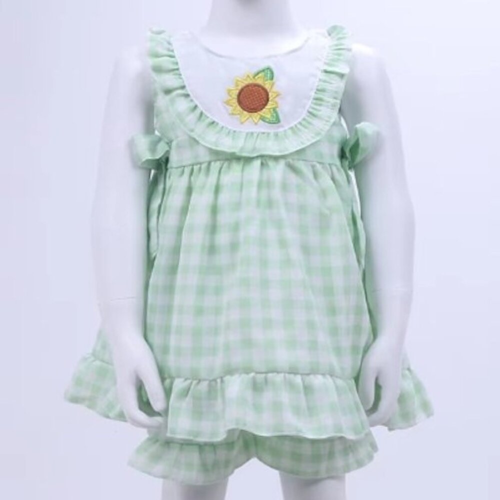 Boutique Sunflower Gingham Plaid Tunic & Ruffle Shorts Girls Outfit Set